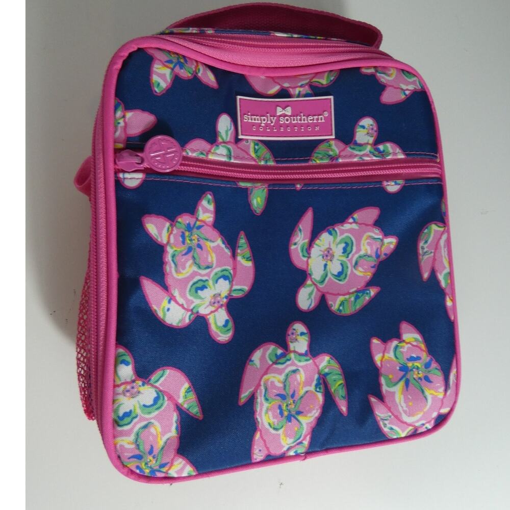 Simply Southern Canvas Lunch Box Turtle Print Blue Pink Handle